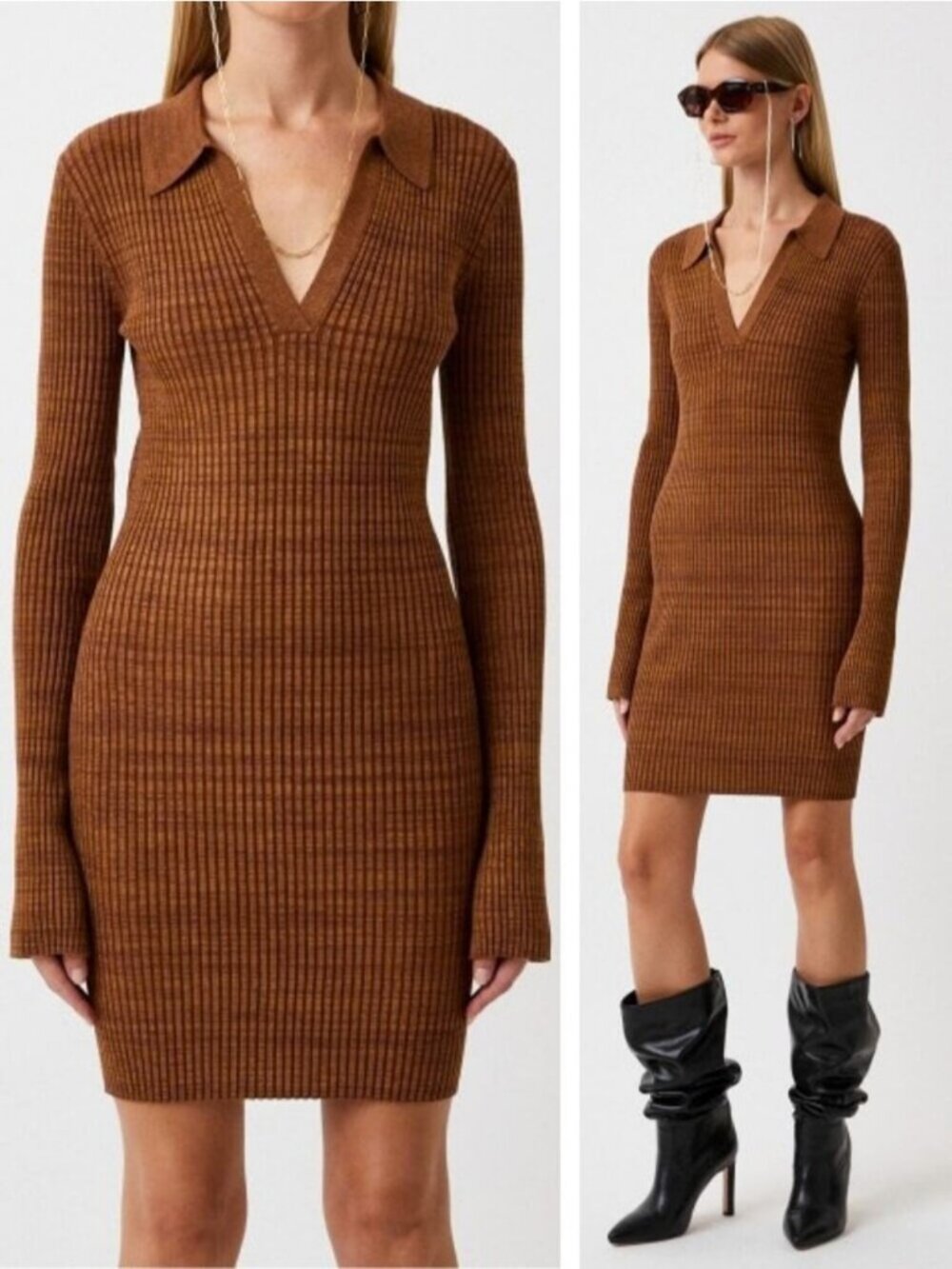 HELMUT LANG Women’s Marl Pecan Brown Ribbed Knit Long Sleeve Polo Mini Dress XS